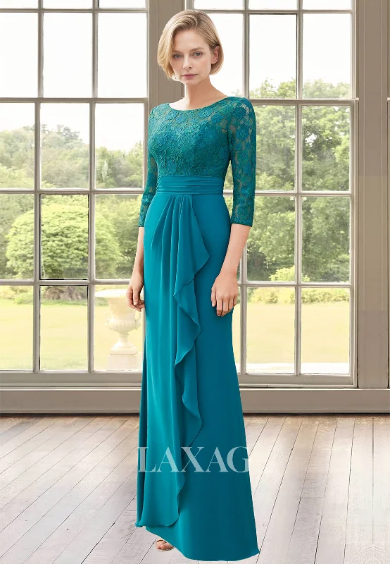 Odd Size Clearance Sale Scoop-Neck Half-Sleeves Lace Applique Pleated Floor-Length Cutout Fitted Mother of the Bride Dress