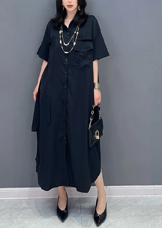 Chic Styles Style Black Peter Pan Collar Button Solid Maxi Shirts Dress Summer