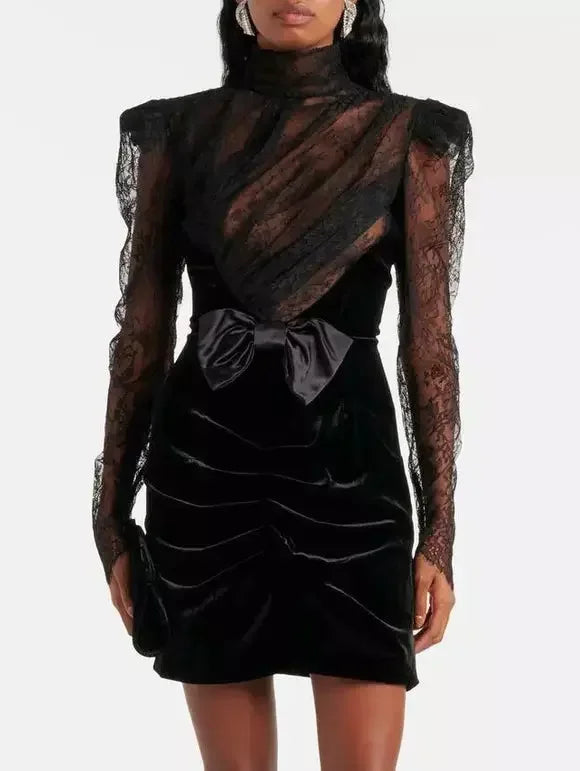 Women's Urban Fashion Black Lace and Velvet Ruched Mini Dress with Bow