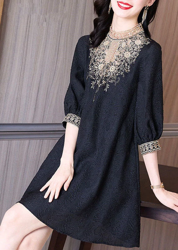 Massive Savings Bohemian Black Stand Collar Lace Patchwork Spandex Mid Dress Half Sleeve