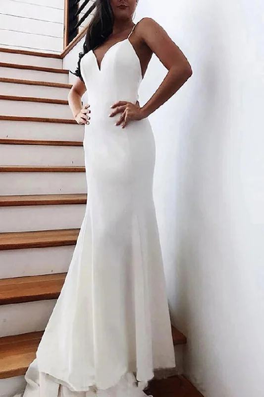 Preppy Style Roycebridal Simple Satin Mermaid V-neck Spaghetti Straps Wedding Dresses With Bow, MW691