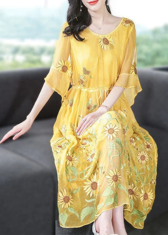 Stylish Savings Stylish Yellow Embroideried Silk Cinched Dress Flare Sleeve