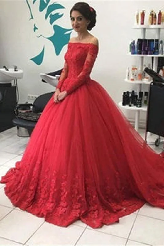 Casual Chic Roycebridal Red Off Shoulder Lace Tulle Long Sleeves Prom Dress Ball Gown Wedding Dresses, MP351