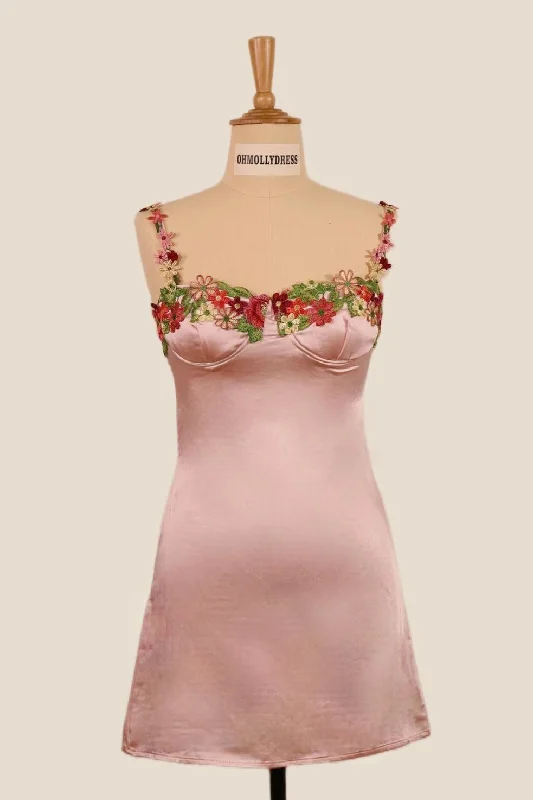 Casual Chic Straps Pink Floral Appliques Short Princess Dress