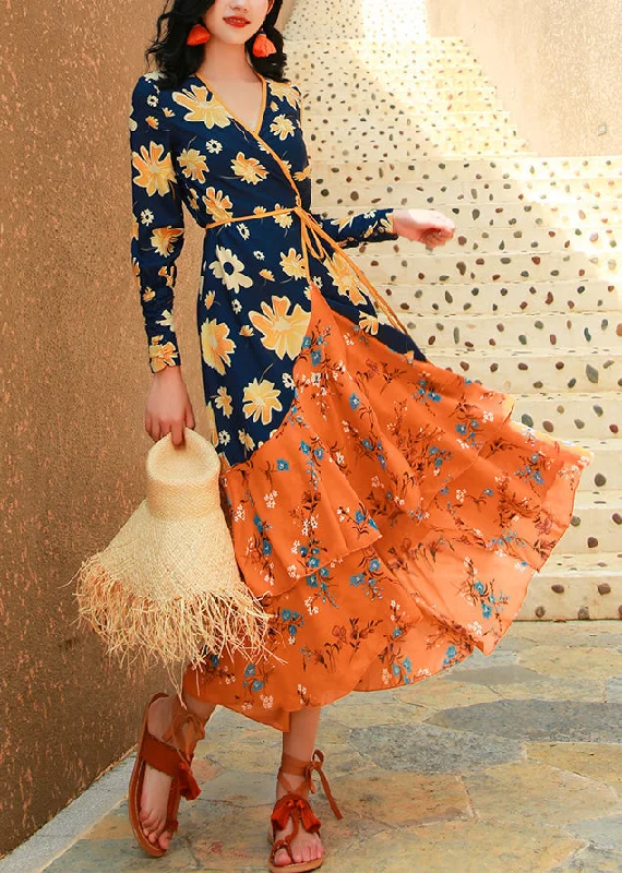 The Fashion Sale You've Been Waiting For Is Here Italian Colorblock Ruffled Print Lace Up Patchwork Chiffon Dresses Fall