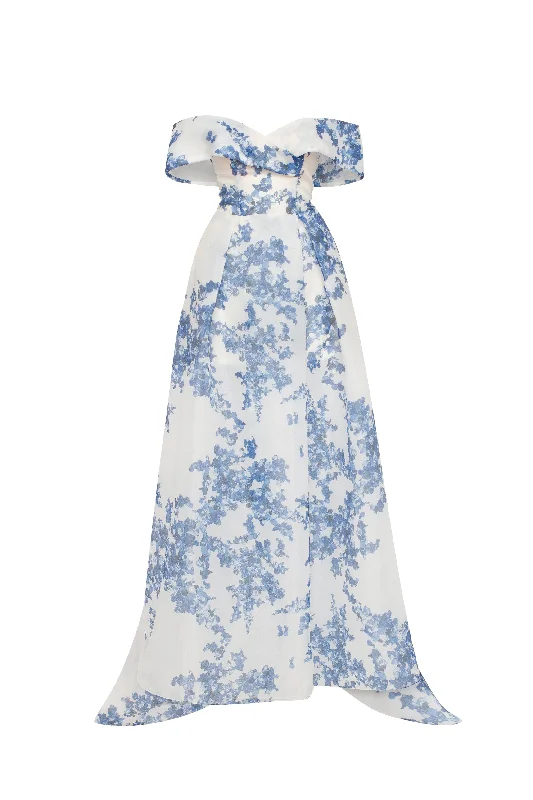Stylish Women's Apparel Catchy off-the-shoulder blue hydrangea maxi dress, Garden of Eden