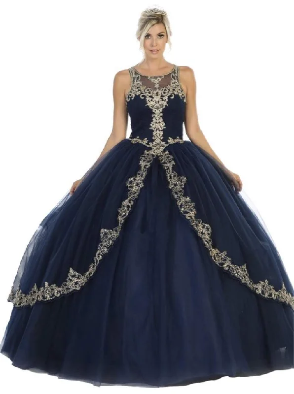 Exclusive Sale May Queen - Scoop Appliqued Pleated Ballgown LK117 - 1 pc Navy/Gold In Size 18 Available