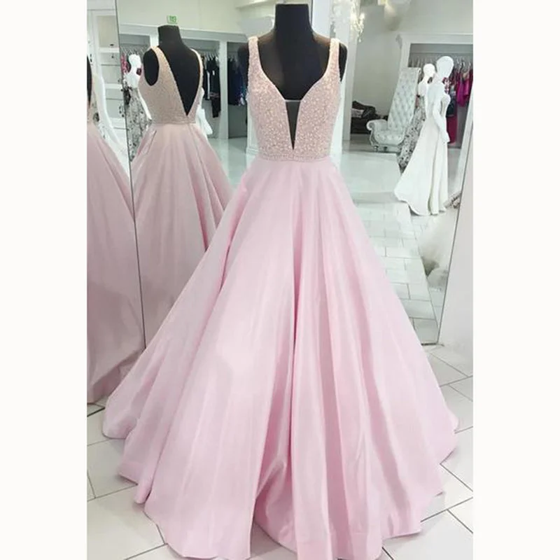 Elegant Clothing LP3381 A Line Senior Pink Prom Dress 2018 Plunge V neckline Beading Pageant Dress Girls