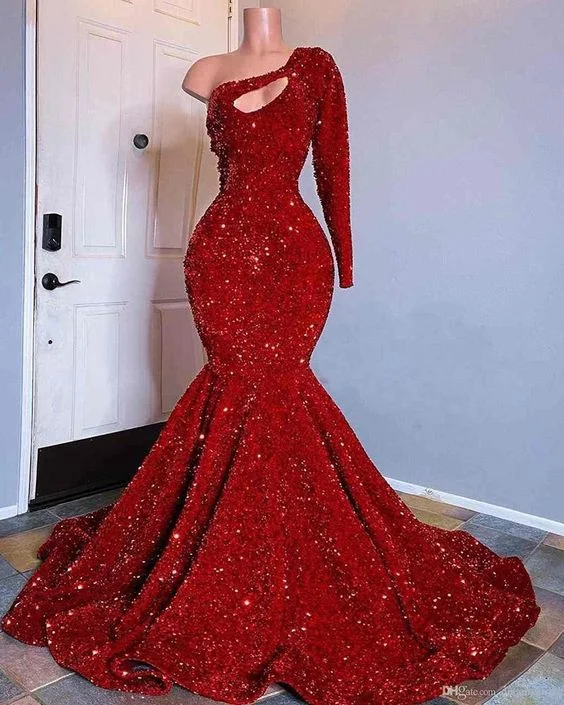 Clothing Sales Red Sequined Black Girls Mermaid Prom Dresses 2021 Plus Size One Shoulder Long Sleeve Sequined Keyhole Prom Gowns   cg15792