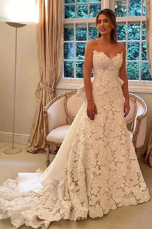 Best Online Boutiques Roycebridal Beautiful Ivory Lace A-line Strapless Boho Wedding Dresses With Bowtie, MW866