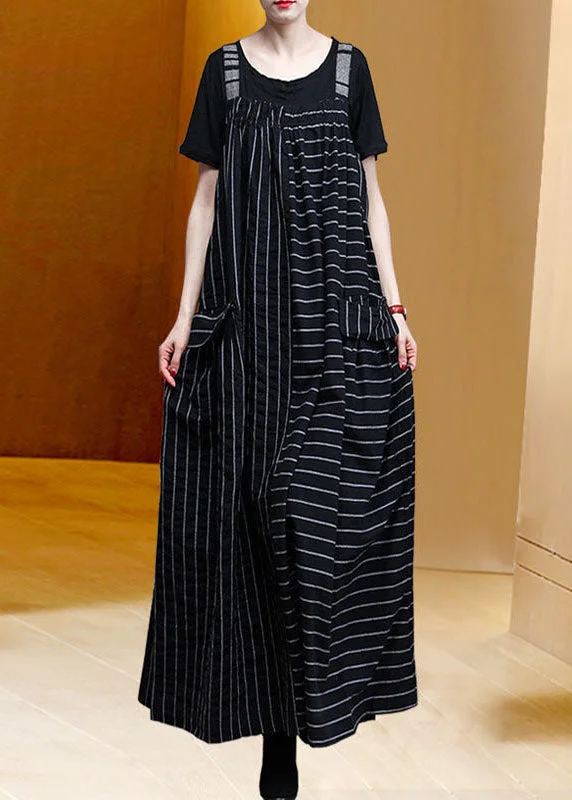 Affordable Online Boutique Classy Black Oversized Patchwork Striped Pockets Linen Strap Dress Spring