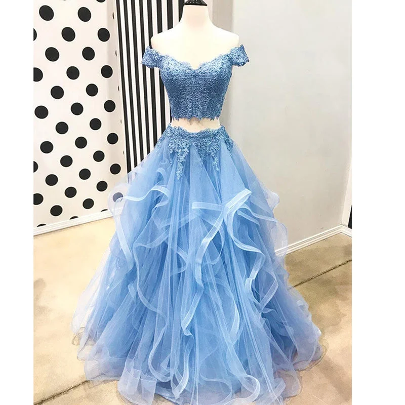 Women's Online Boutique Off the Shoulder Sky Blue Senior Prom Dresses Crop Top Girls Lace Formal Gown Vestido De Festa 2018