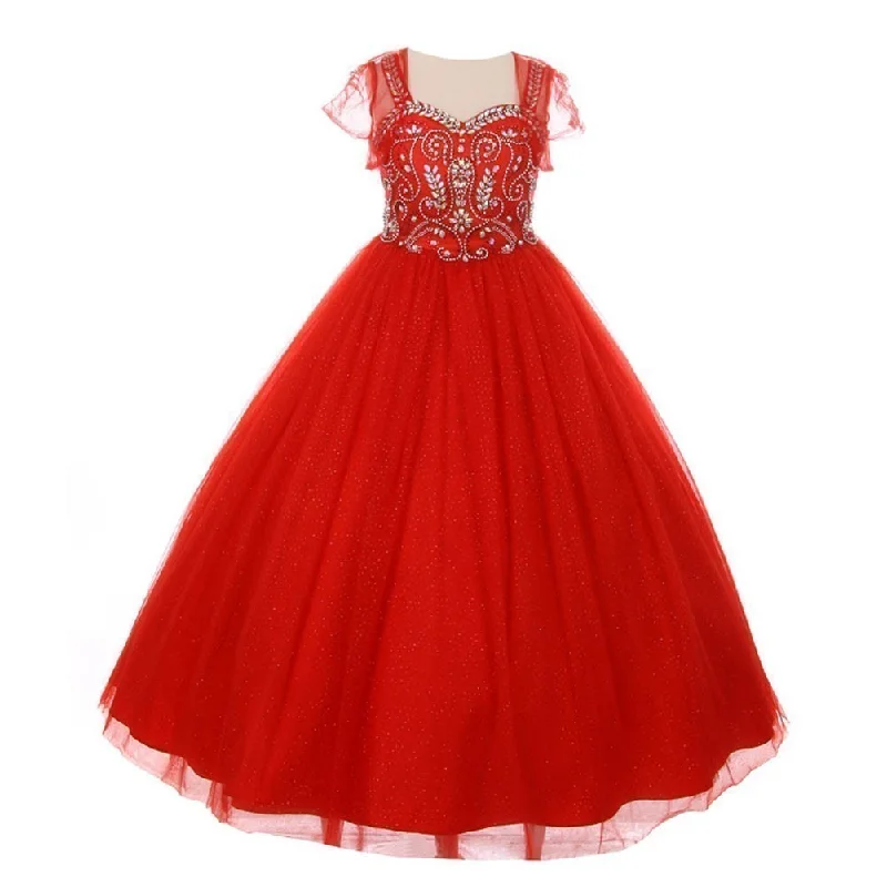 Dive Into Trendy Women's Fashion Little Girls Red Bedazzled Rhinestone Tulle Bolero Special Occasion Dress 4-6