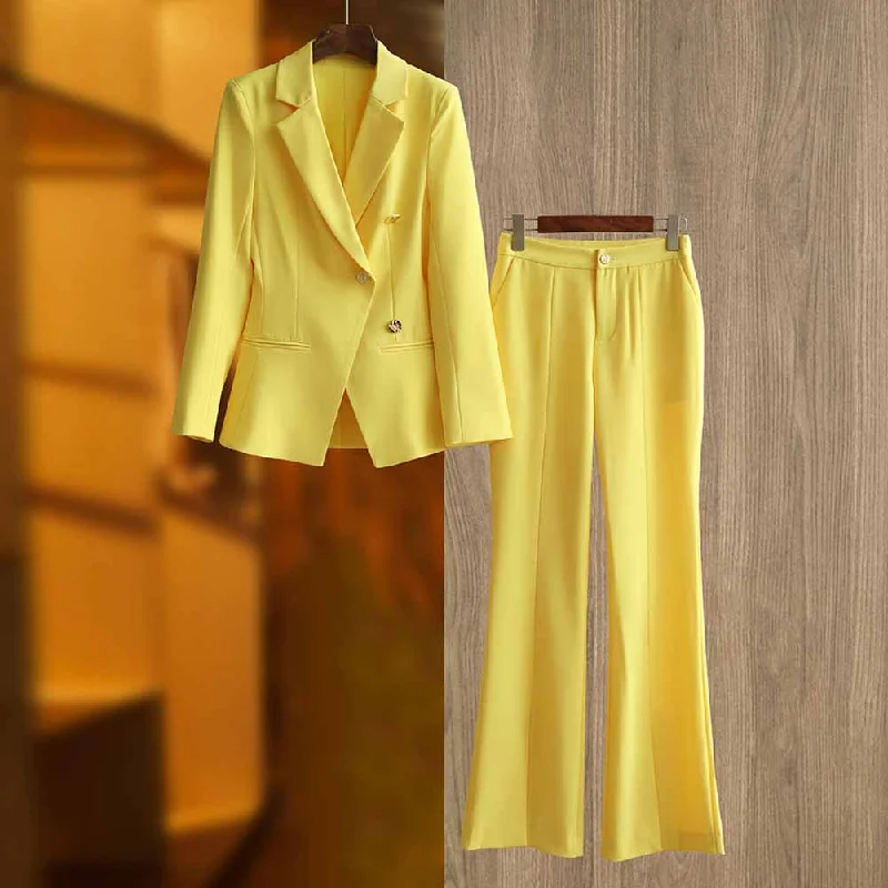 Women Online Clothing Boutiques One Button Yellow Pantsuit Fitted Blazer + Mid-High Rise Trousers Pantsuit Suit Formal Wear