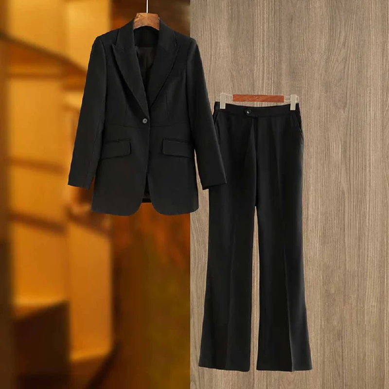 Online Boutique Clothing One Button Black Pantsuit Fitted Blazer + Mid-High Rise Trousers Pantsuit Suit Formal Wear