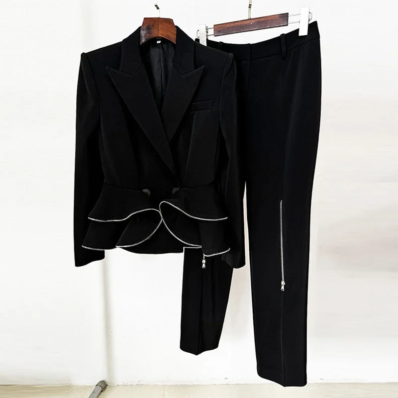 Eclectic Fashion Women's Zip Detail Long Trousers Suit Pantsuit in Black