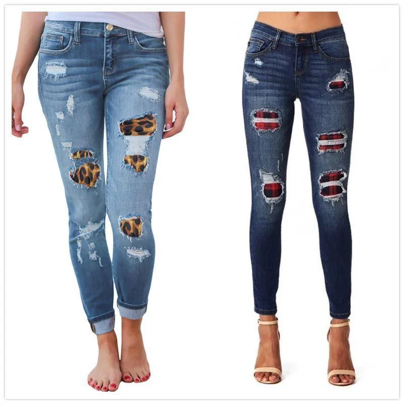 Vintage Fashion Skinny Denim Pencil Pants - Leopard Print