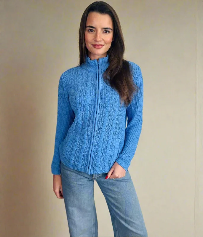 Relaxed Fit Women’s Fashion Blue Chenille Cable Zip Cardigan