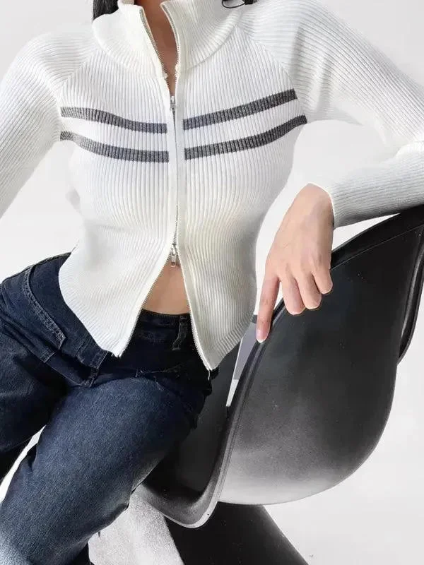 Women’s Street Style Casual Wear Zipper Striped Cardigan Sweater