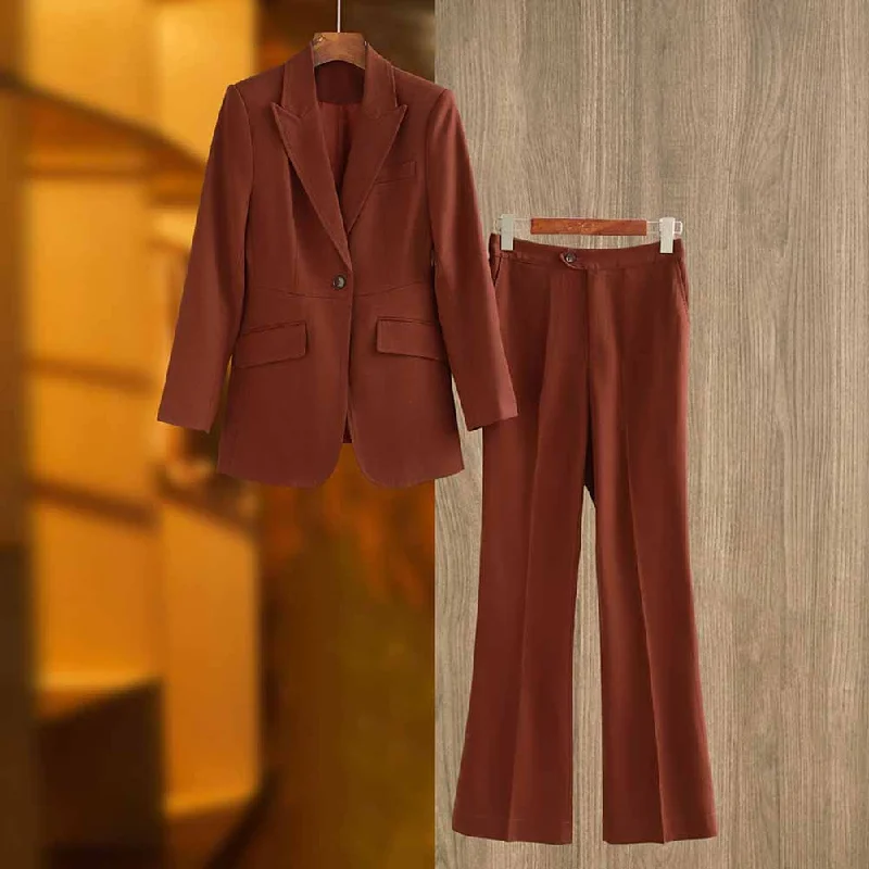 Online Boutiques Affordable One Button Rust Brown Pantsuit Fitted Blazer + Mid-High Rise Trousers Pantsuit Suit Formal Wear