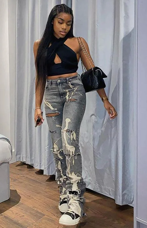 Limited Time Deal Ladies High Waist Pants - White Washed Jeans
