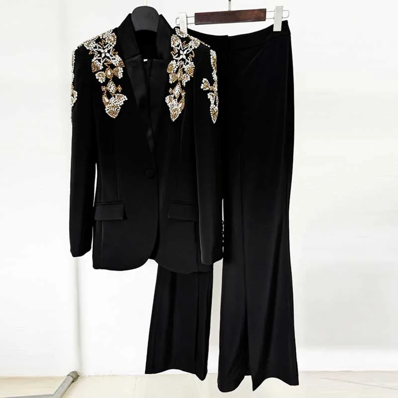 Flash Sale Event Single-Breasted Diamond Blazer Split Bell Pants Set Black Pantsuit