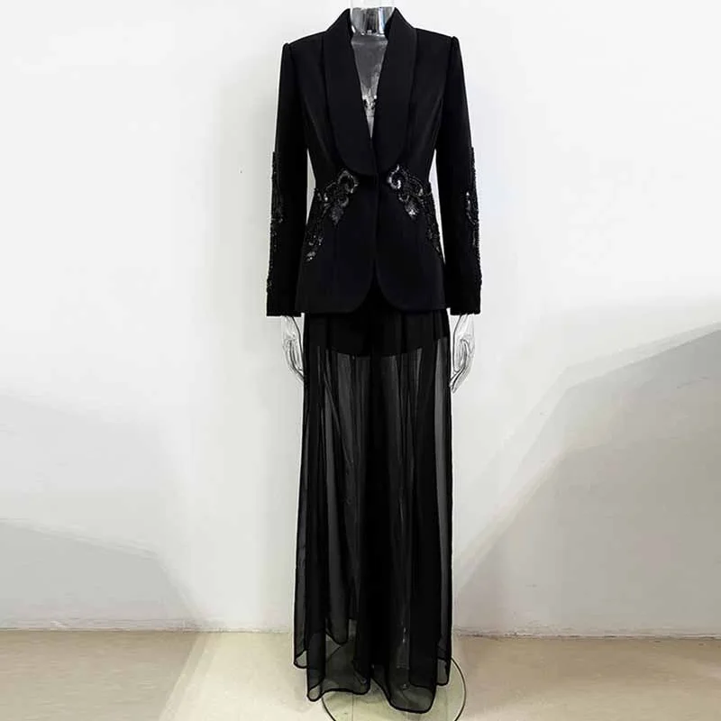 Trendy Street Style Attire Black Mesh Embroidery Crystals Bead-Embellished Pantsuit