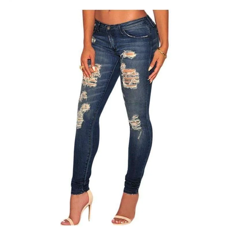 Clearance Sale Skinny Sandblast Wash Destroyed Ladies Jeans