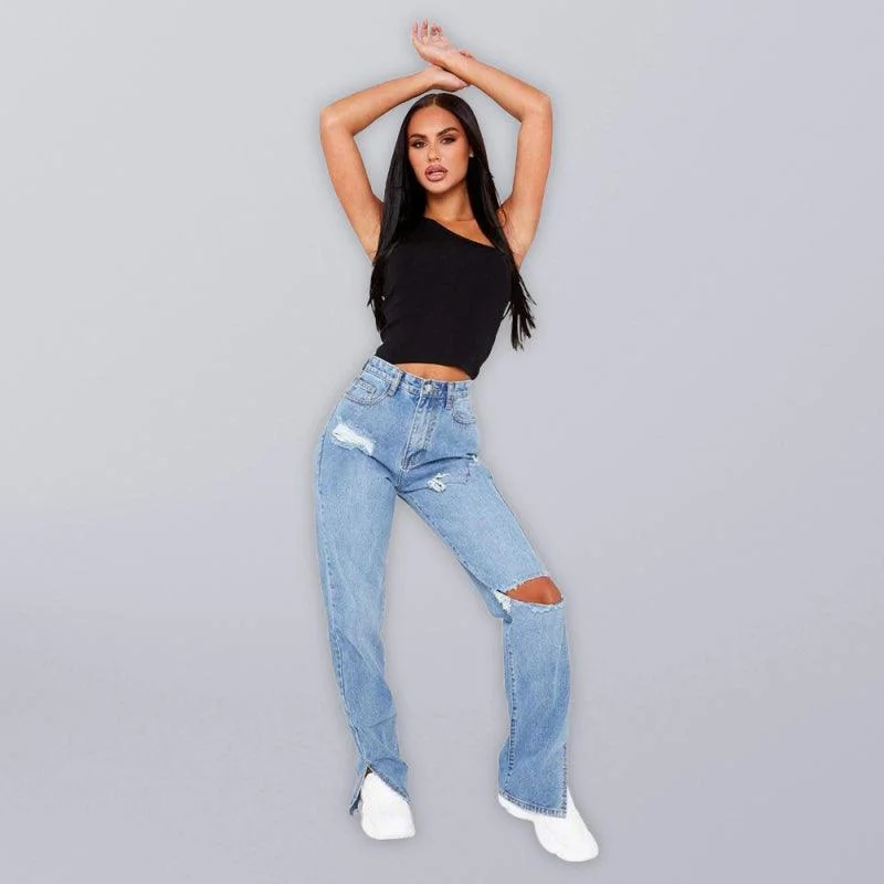 Comfort Meets Fashion Women's Straight Ripped Jeans With Ankle Slits