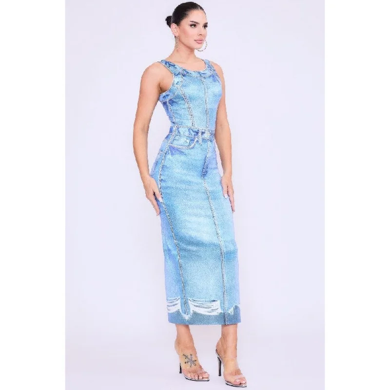 Versatile Wardrobe Essentials Chic Denim Print Midi Dress, Versatile Style and All Day Comfort