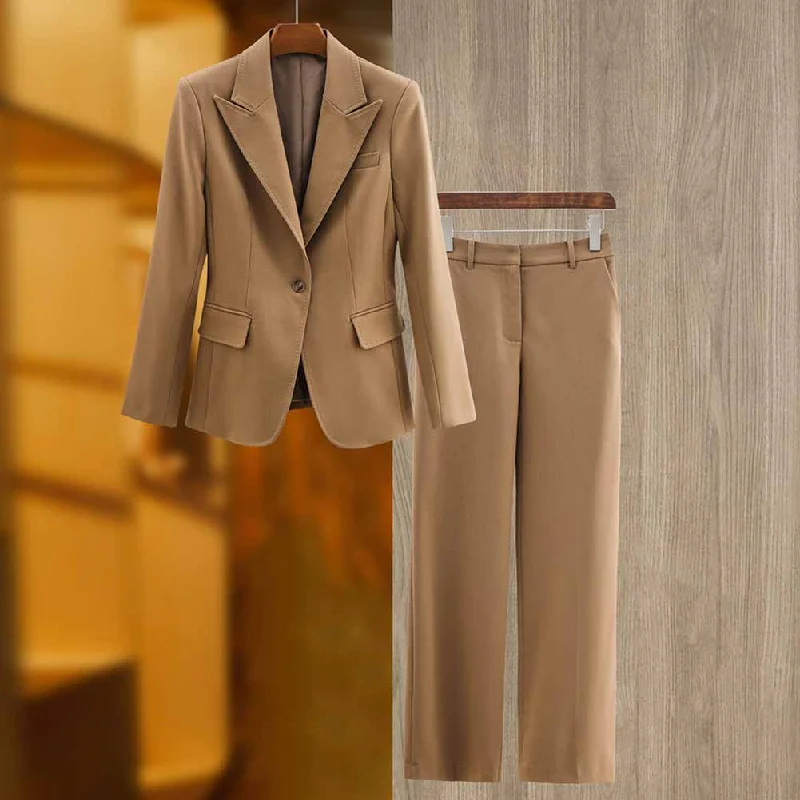 Online Impressions Boutique One Button Borwn Pantsuit Fitted Blazer + Mid-High Rise Trousers Pantsuit Suit Formal Wear