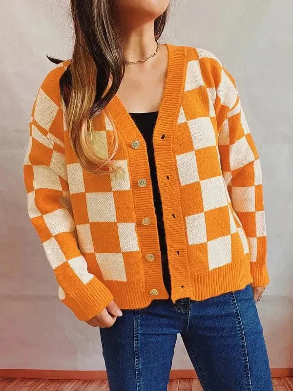 Unique Women’s Fashion Pieces Checkerboard Contrast Women Cardigan Sweater