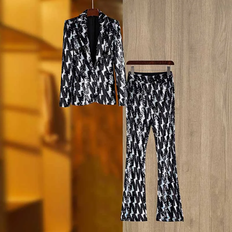 Women's Online Clothing Boutique Black and White Sequinted Suit Party Pantsuit Stage Performance Two Pieces Suit