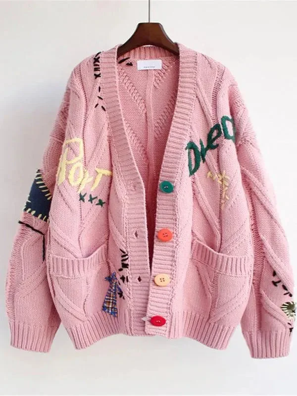 Trendy Street Style Attire Embroidered Loose Cropped Cardigan Sweater