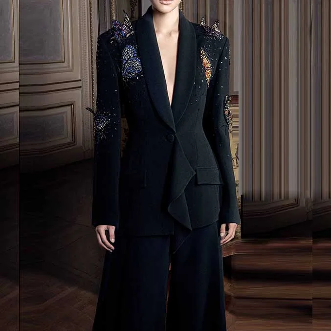 Chic Casual Style Women's Bow Sequin-Embellished Flared Pantsuit Black 2ps One Button Suit