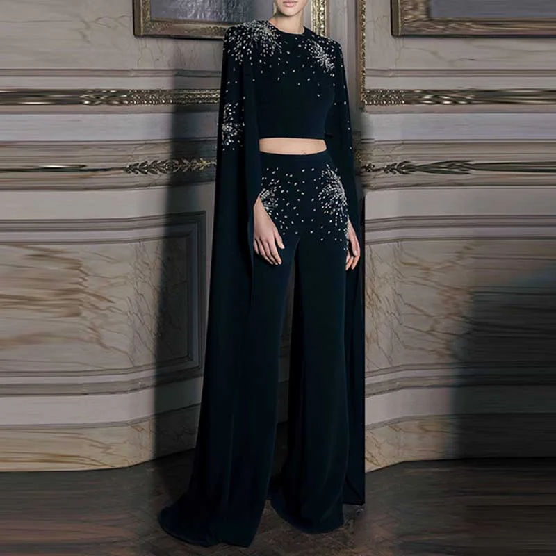 Street Style Fashion Beaded Bell-Sleeve Flared Pantsuit Black 2ps Cape Suit