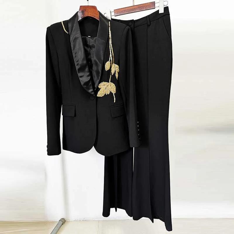 New Arrival Discounts Women Satin Collar Event Pantsuit Bell-bottom Trousers Suit with Beaded