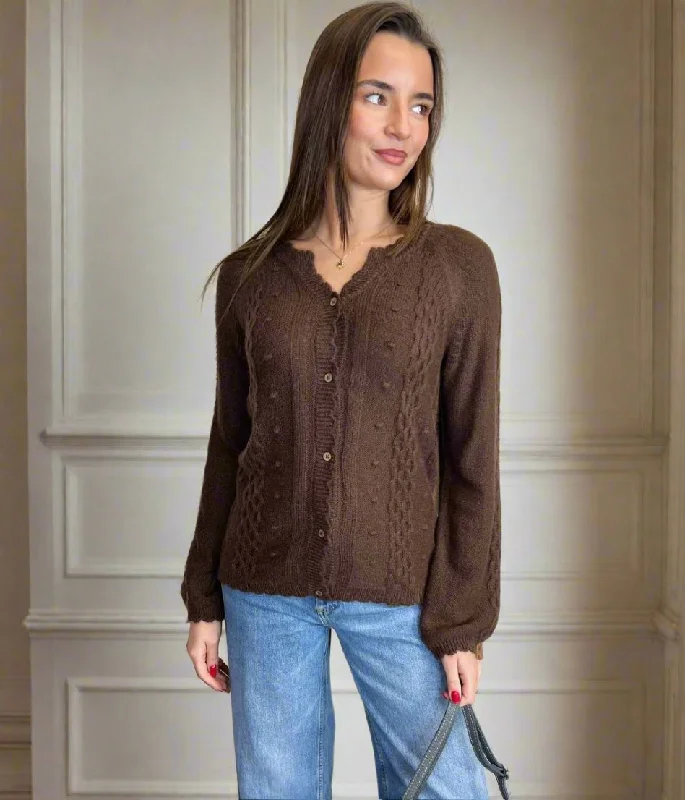 Quality Driven Apparel Brown Bobble Trim Cardigan
