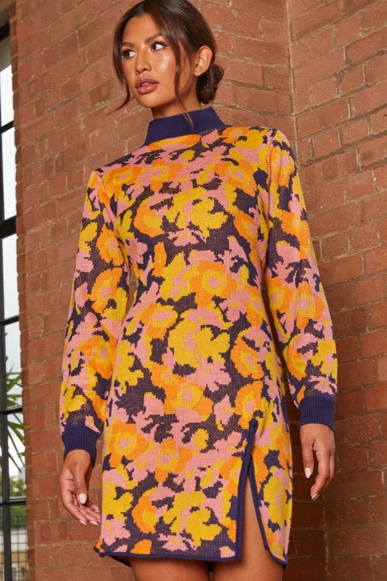 Bid Farewell To The Old Season Chi Chi Abstract Floral Front Knot Split Knit Dress in Multi