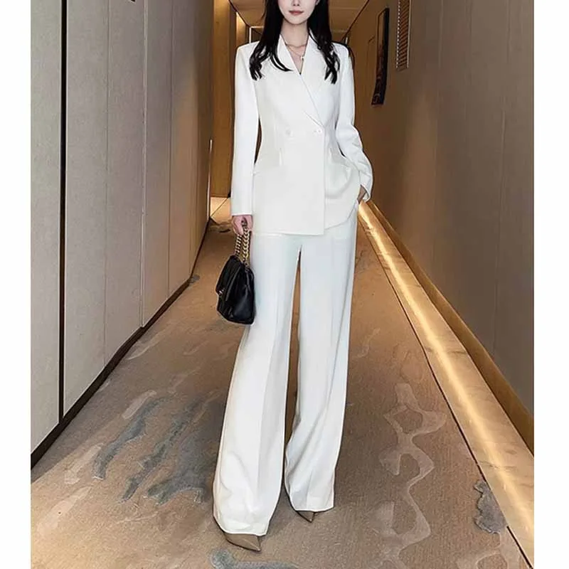Stylish Savings Women's Wide-Leg Formal Suit White Blazer Trousers Set Event Pantsuit