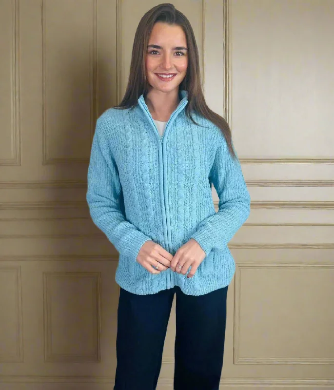 Casual Women’s Clothing Online Aqua Chenille Cable Zip Cardigan
