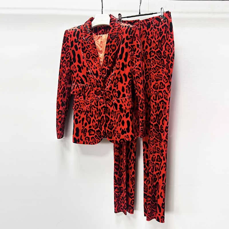 Gorgeous Glamour Collection Long Sleeve Animal Print Suit Red Velvet Pantsuit Slim Fit Chic Suit