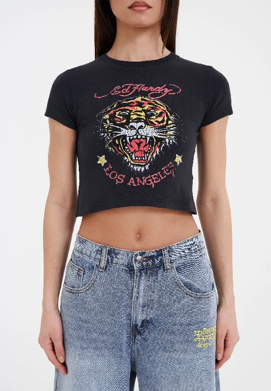Casual Chic for Women Womens La-Roar-Tiger Cropped Baby T-Shirt - Black