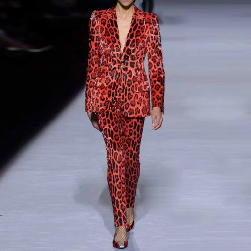 Sporty Streetwear One-Button Blazer Suit Red Velvet Leopard Pantsuit