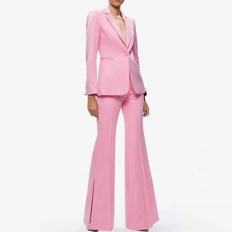 Athleisure Wear One Button Pink Blazer Mid Rise Flare Leg Split Pantsuit
