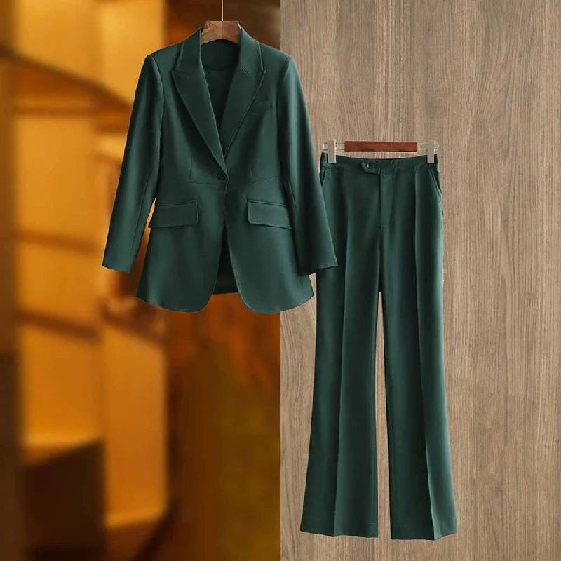 Online Boutiques Best One Button Dark Green Pantsuit Fitted Blazer + Mid-High Rise Trousers Pantsuit Suit Formal Wear