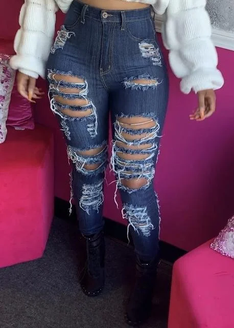 Preppy Style High Waist Ripped Jeans - Women's Pants