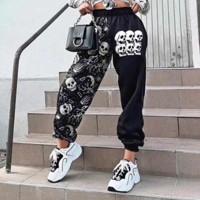 New Season Fashion Preview Women's Casual Black Skulls Print Elastic Waist Pocket Wide Leg Pants