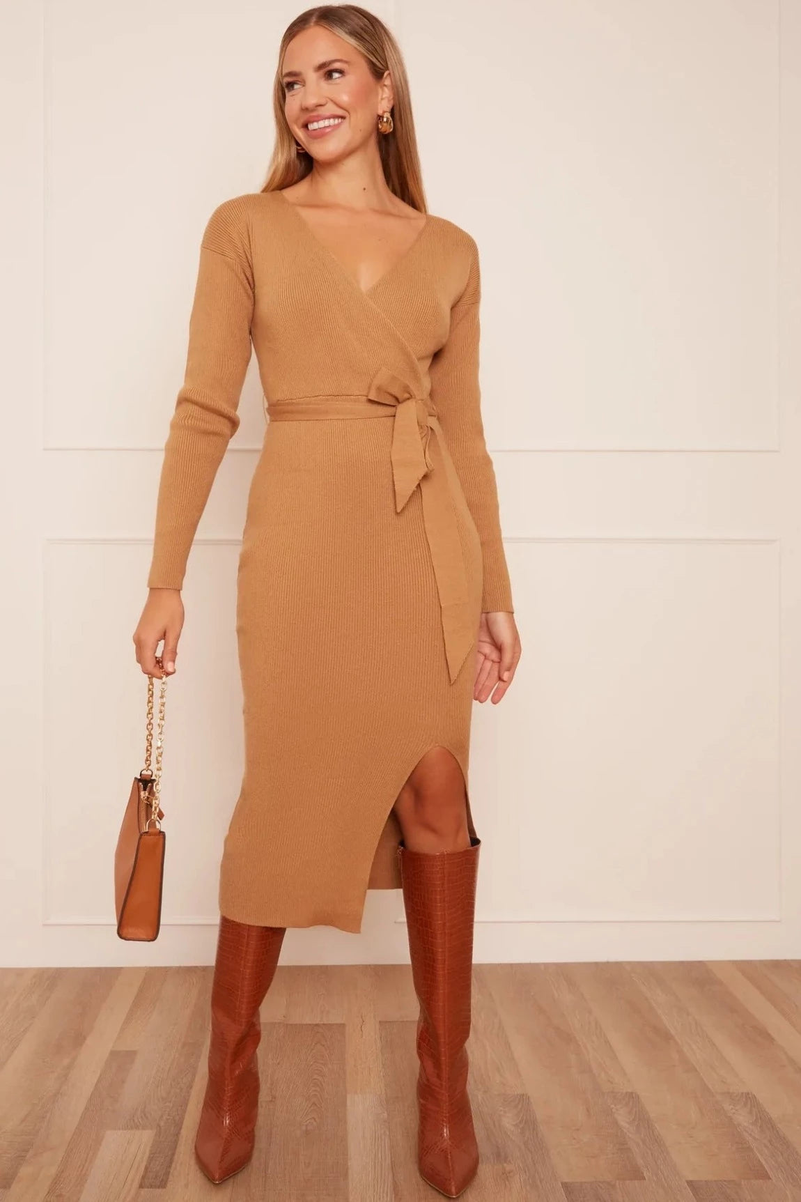 Explore What's New Chi Chi Wrap Split Side Knitted Midi Dress in Camel