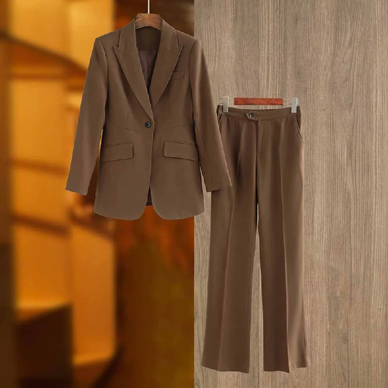 Boutique Dress Online One Button Coffee Pantsuit Fitted Blazer + Mid-High Rise Trousers Pantsuit Suit Formal Wear